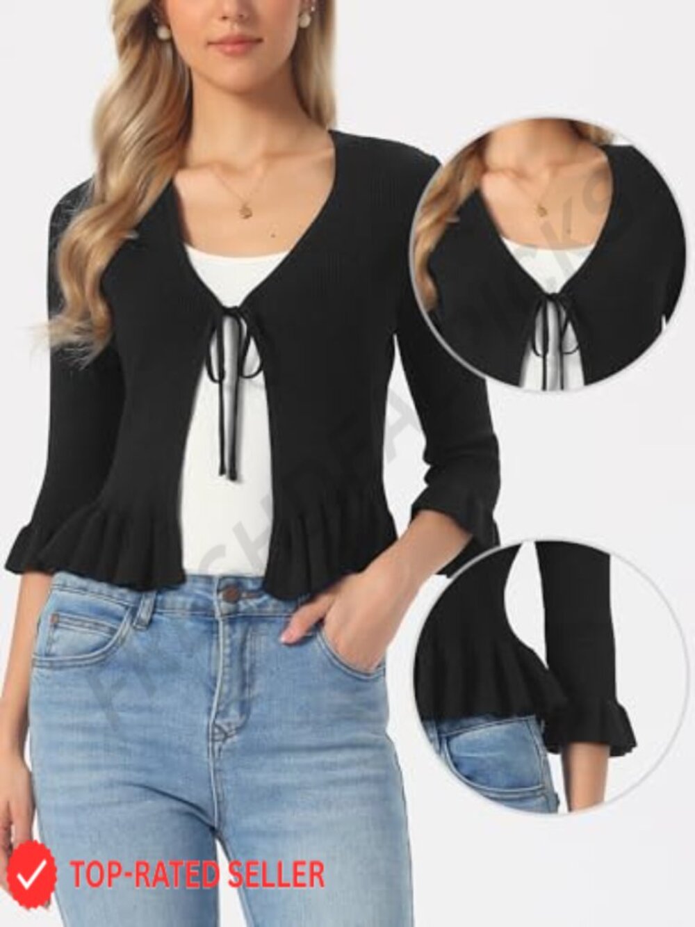 Womens Tie Front Shrug Ruffled Long Sleeve Rib Knit Open Front Crop Cardigan - Picture 3 of 4